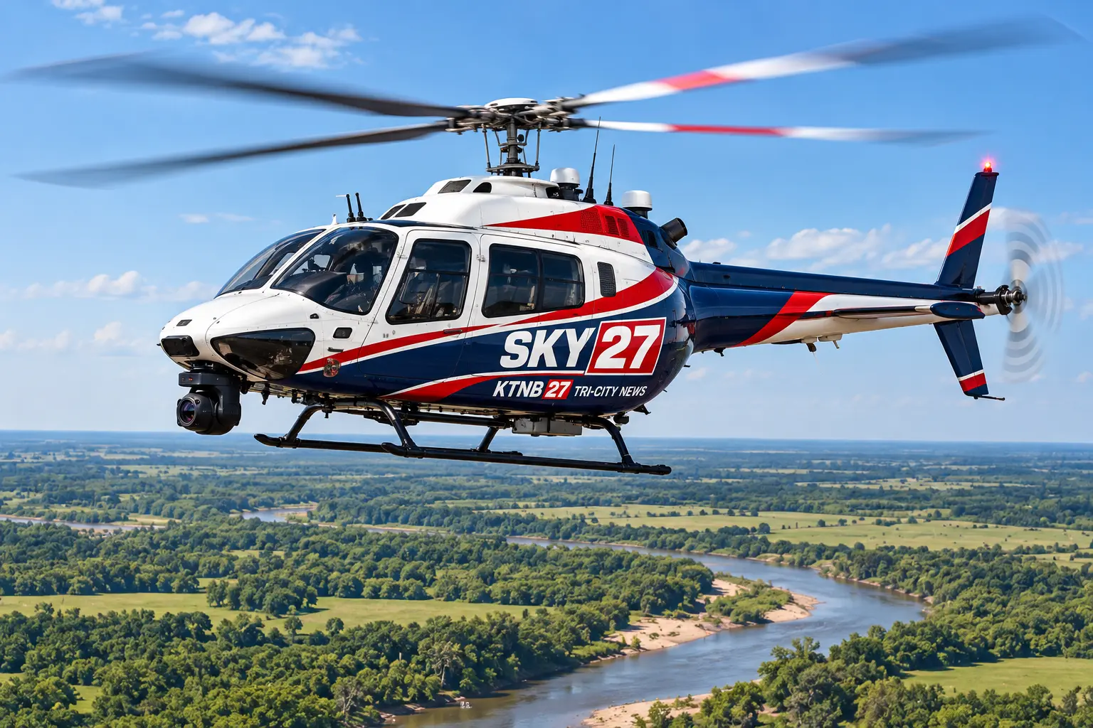 Sky 27 helicopter in flight above a river and rural fields