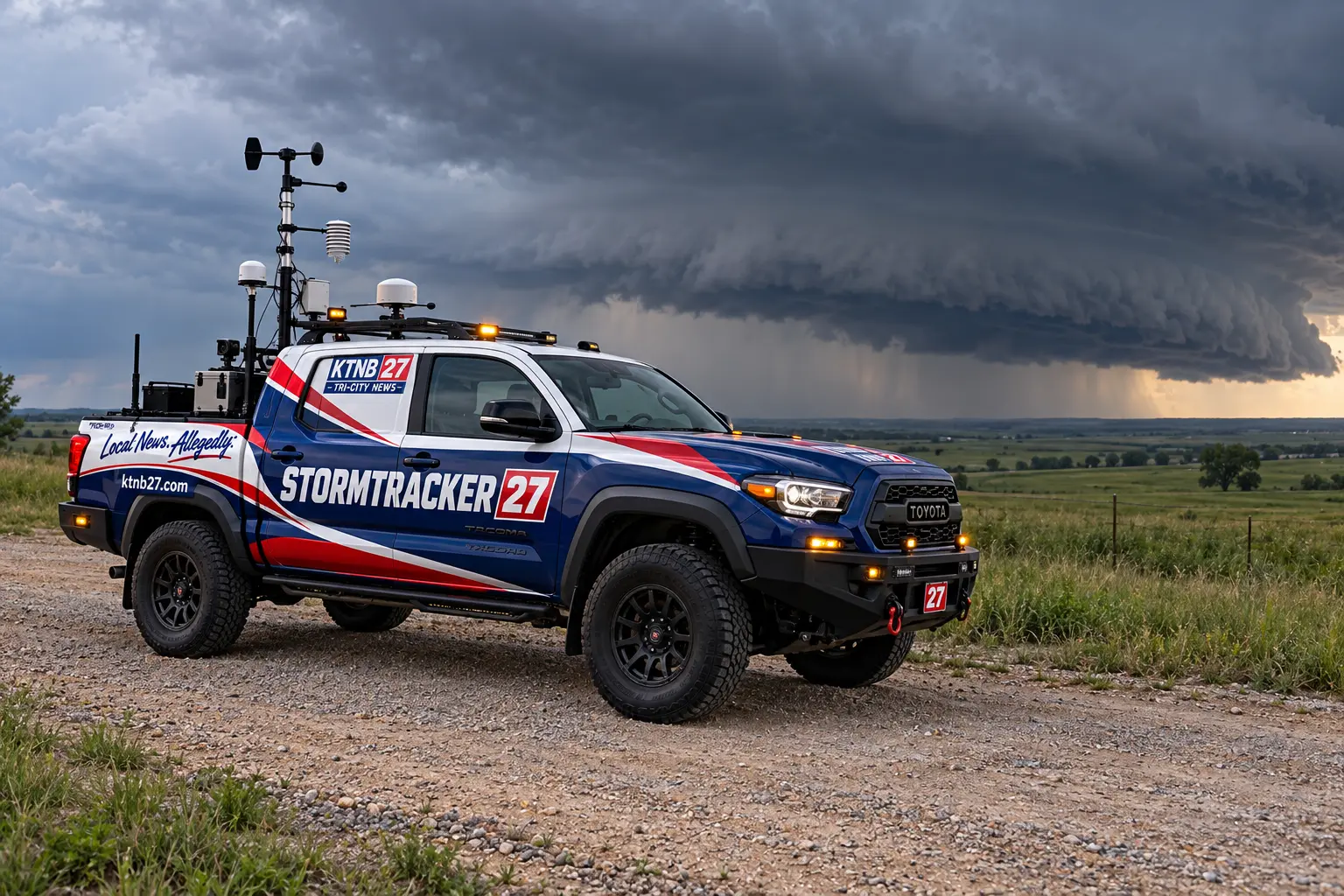 Stormtracker 27 Tacoma on a gravel turnout beneath a distant shelf cloud