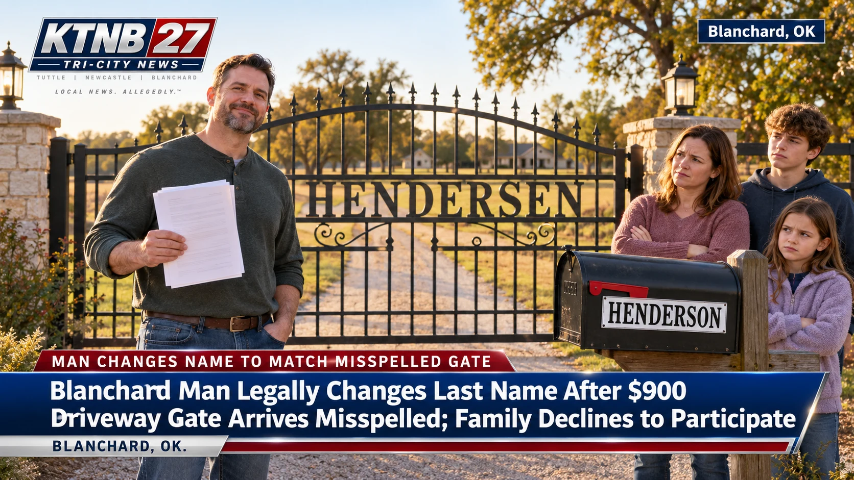 Blanchard Man Legally Changes Last Name After $900 Driveway Gate Arrives Misspelled; Family Declines to Participate