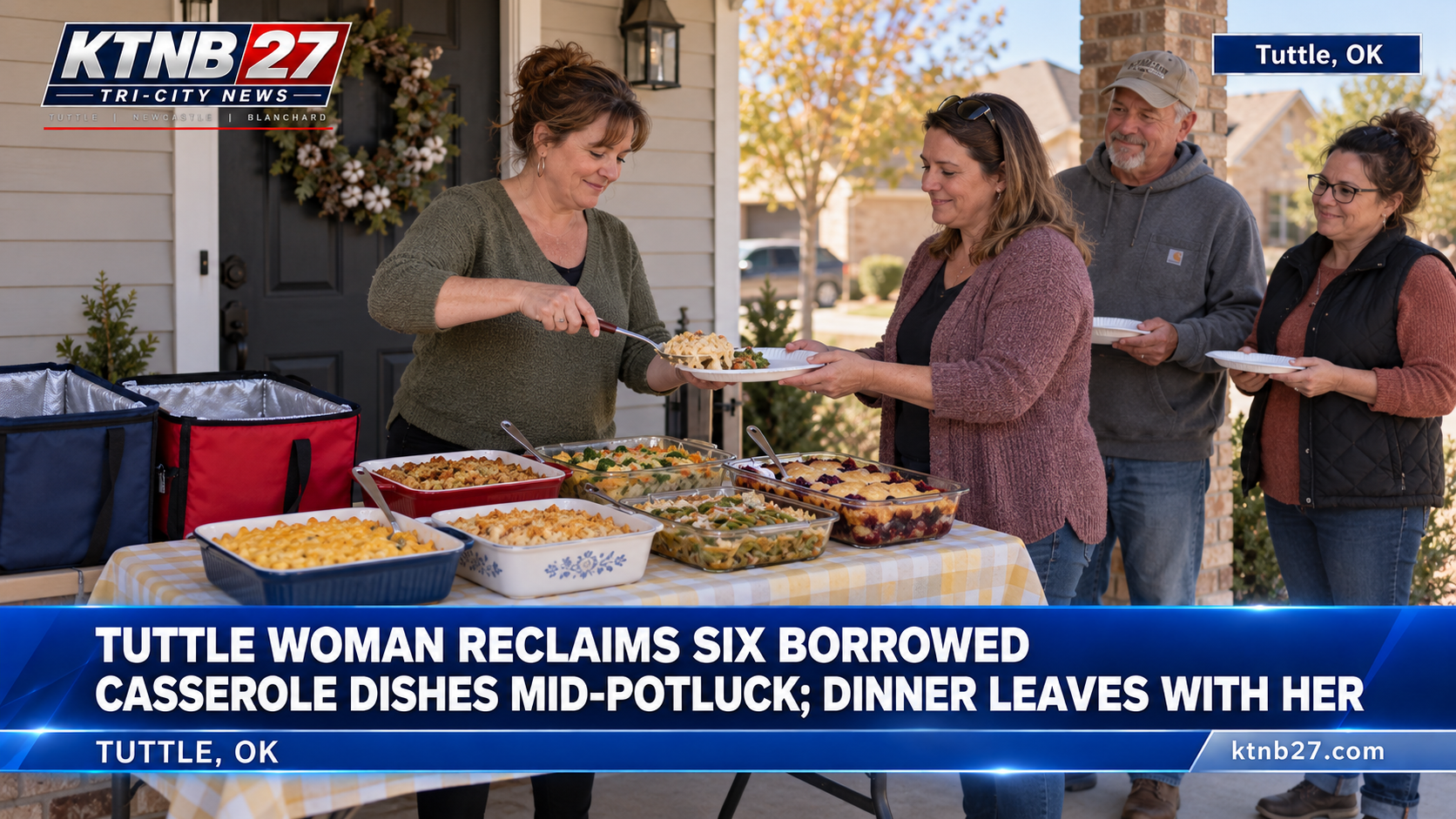 Tuttle Woman Reclaims Six Borrowed Casserole Dishes Mid-Potluck; Dinner Leaves With Her